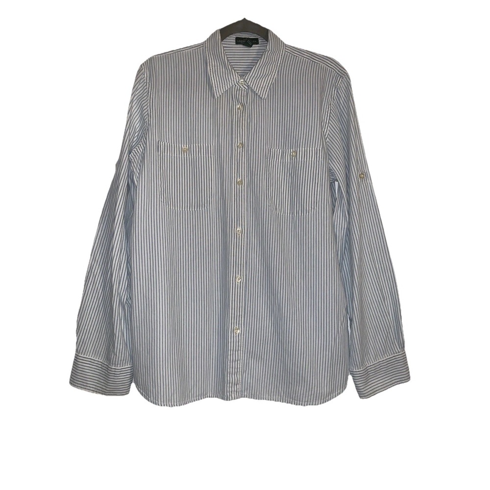 LRL Lauren Jeans Co. Button Up Women's L Blue White Stripe Shirt Roll Tab Sleeve